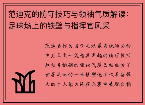 范迪克的防守技巧与领袖气质解读：足球场上的铁壁与指挥官风采