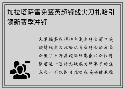 加拉塔萨雷免签英超锋线尖刀扎哈引领新赛季冲锋